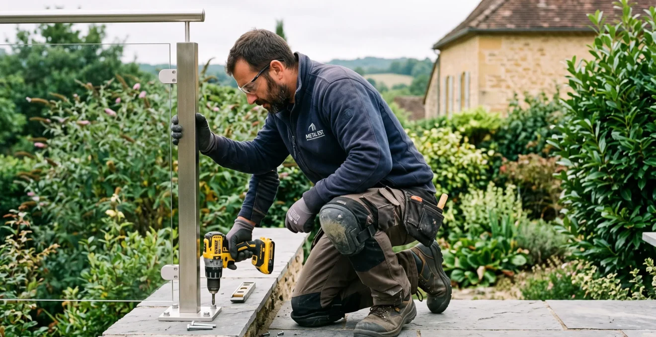 Un professionnel fixe un montant de garde-corps en inox sur une terrasse de jardin.